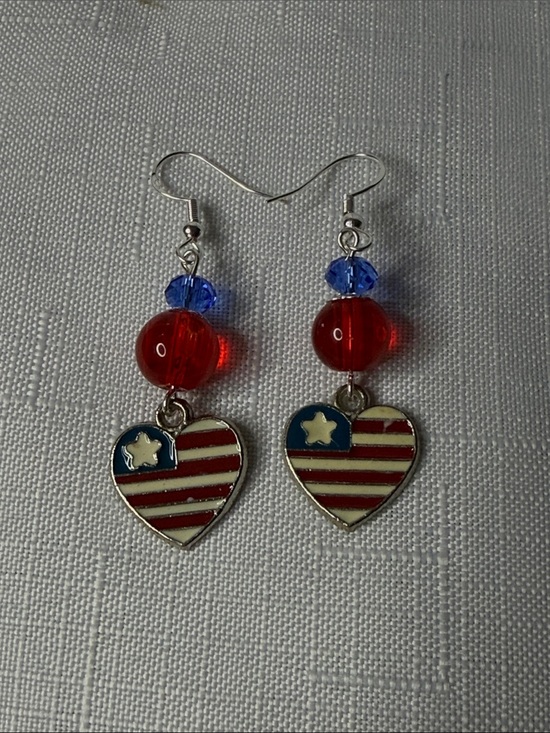 Real Diehl Jewelry Jewelry - Red and Blue Heart Dangle Earrings with Flag Motif